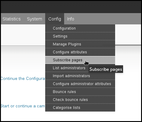 config> subscribe page on main menu
