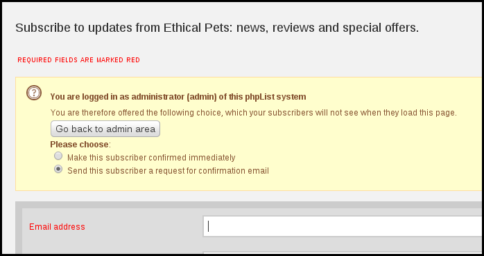 using a subscribe page as an admin in phpList