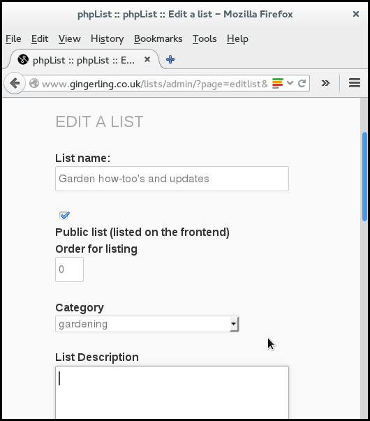 edit a list / create a list page phpList