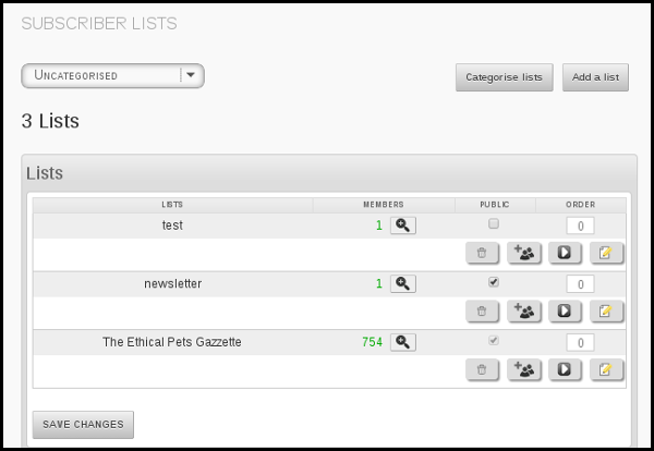 phpList Lists page