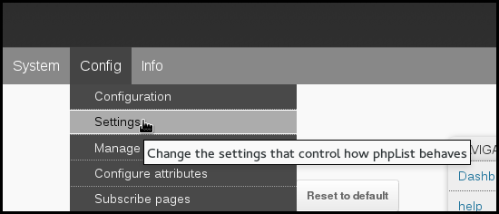 phpList config settings menu