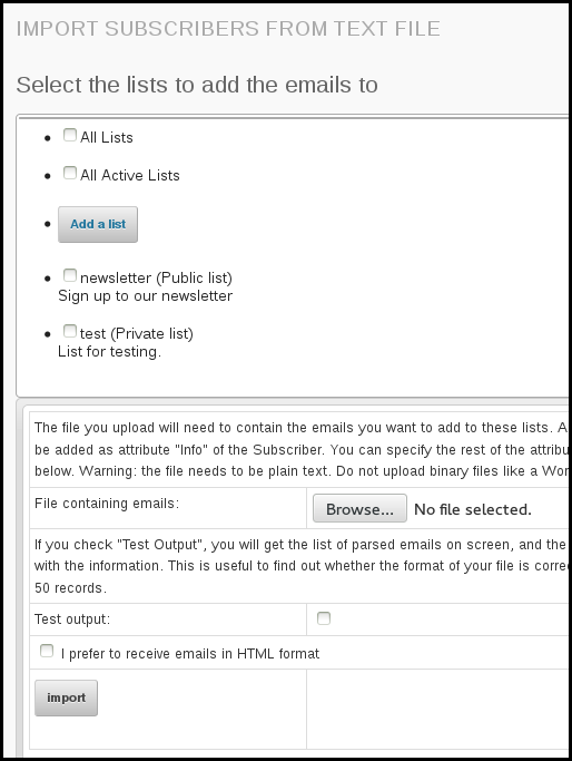 import subscribers from a text file phpList