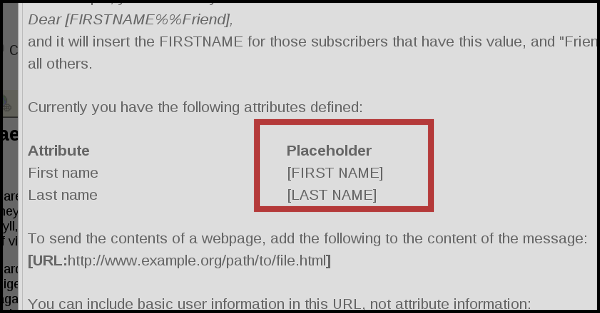 list of placeholders and attributes on compose tab 